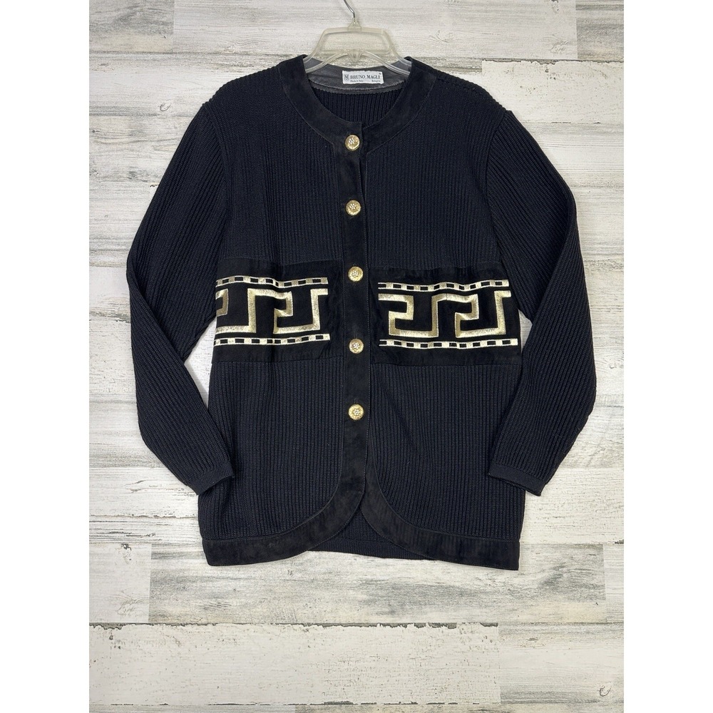 Vintage Bruno Magli Womens Medium Black Button Sweater Gold Embroidered Cardigan